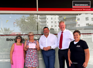 From left to right, Marta Pizzarello (Breast Cancer Support Group), Marie Woodward (Sovereign Insurance), John Harris (Director of Robus Group), Iain Wilson (MD of Sovereign Insurance) and Mercy Posso (Breast Cancer Support Group)